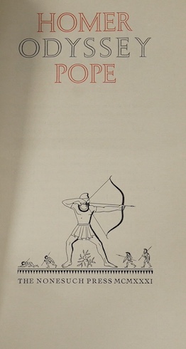 Homer - The Iliad / The Odyssey. (Translated by Alexander) Pope. Limited Edition, 2 vols. title and text decorations; original gilt ruled tan morocco, panelled spines lettered direct, gilt tops, other edges rough trimmed